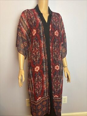 Boho Red Open-Front Kimono Cover-Up